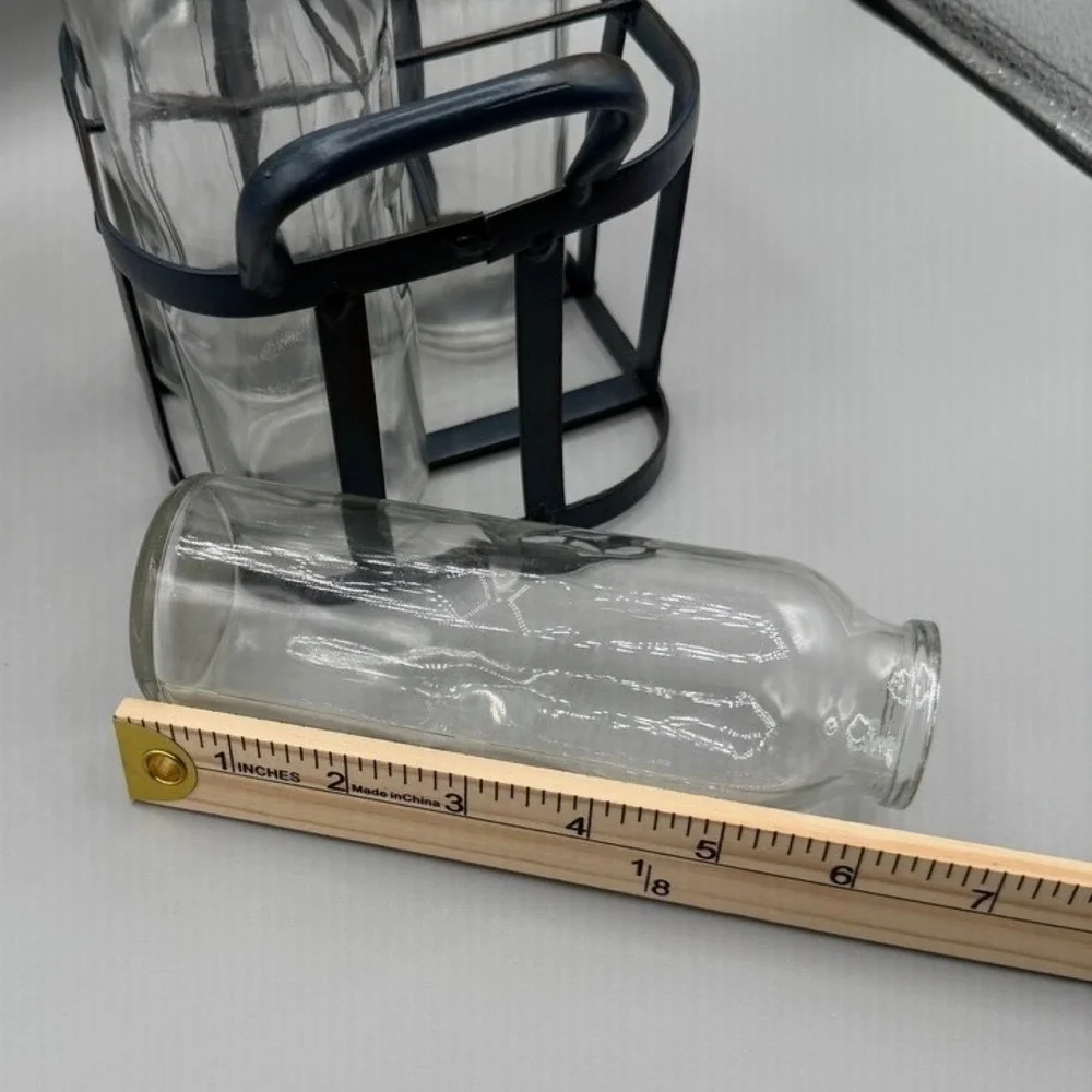 Farmhouse Glass Milk Bottle Set with Metal Wire Carrier Caddy 4 Piece‎ Clear